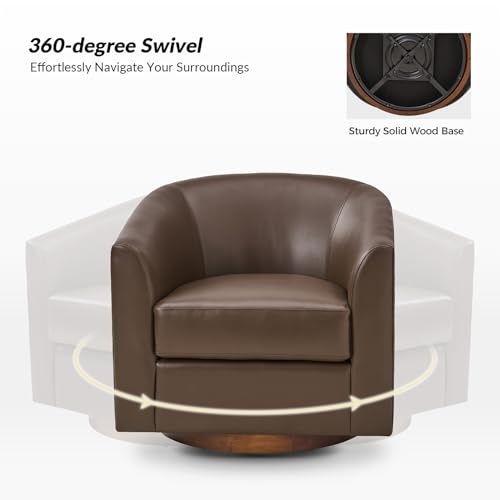 HULALA HOME Swivel Barrel Chair Set of 2, Genuine Leather Swivel Accent Chair with Solid Wood Base, Round Barrel Chair for Living Room & Bedroom