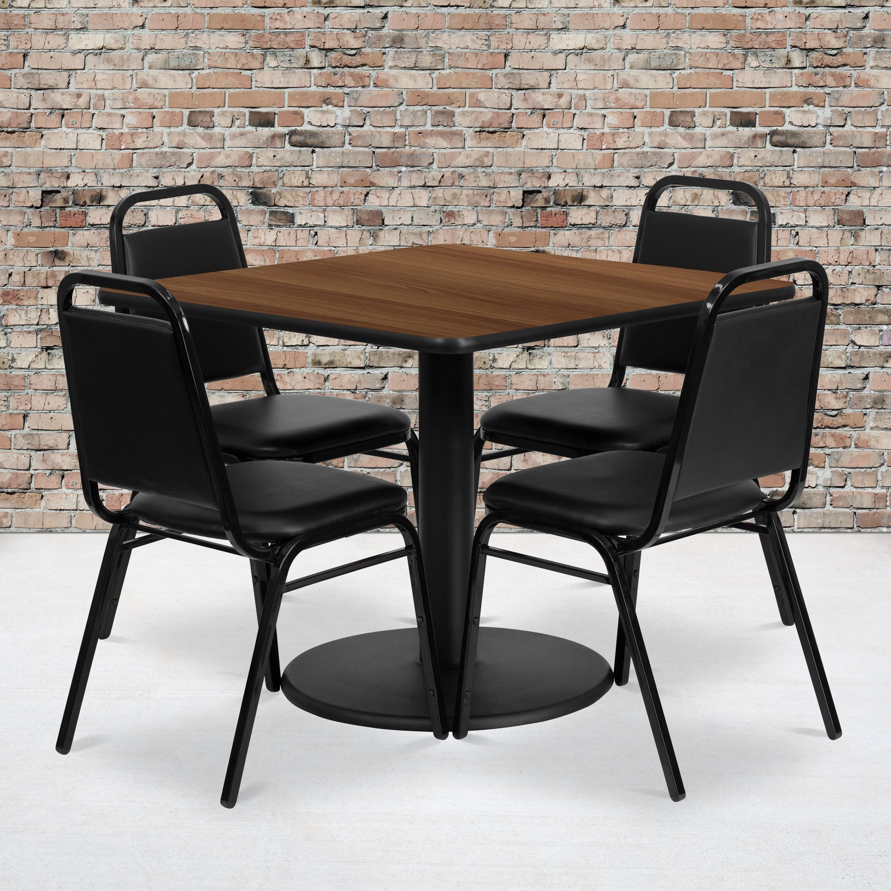 Lancaster Home 36'' Square Table Set with Round Base and 4 Trapezoidal Back Banquet Chairs