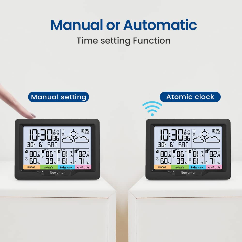 Newentor Weather Station Wireless Indoor Outdoor Multiple Sensors, Outdoor Thermometer Hygrometer with Atomic Alarm Clock