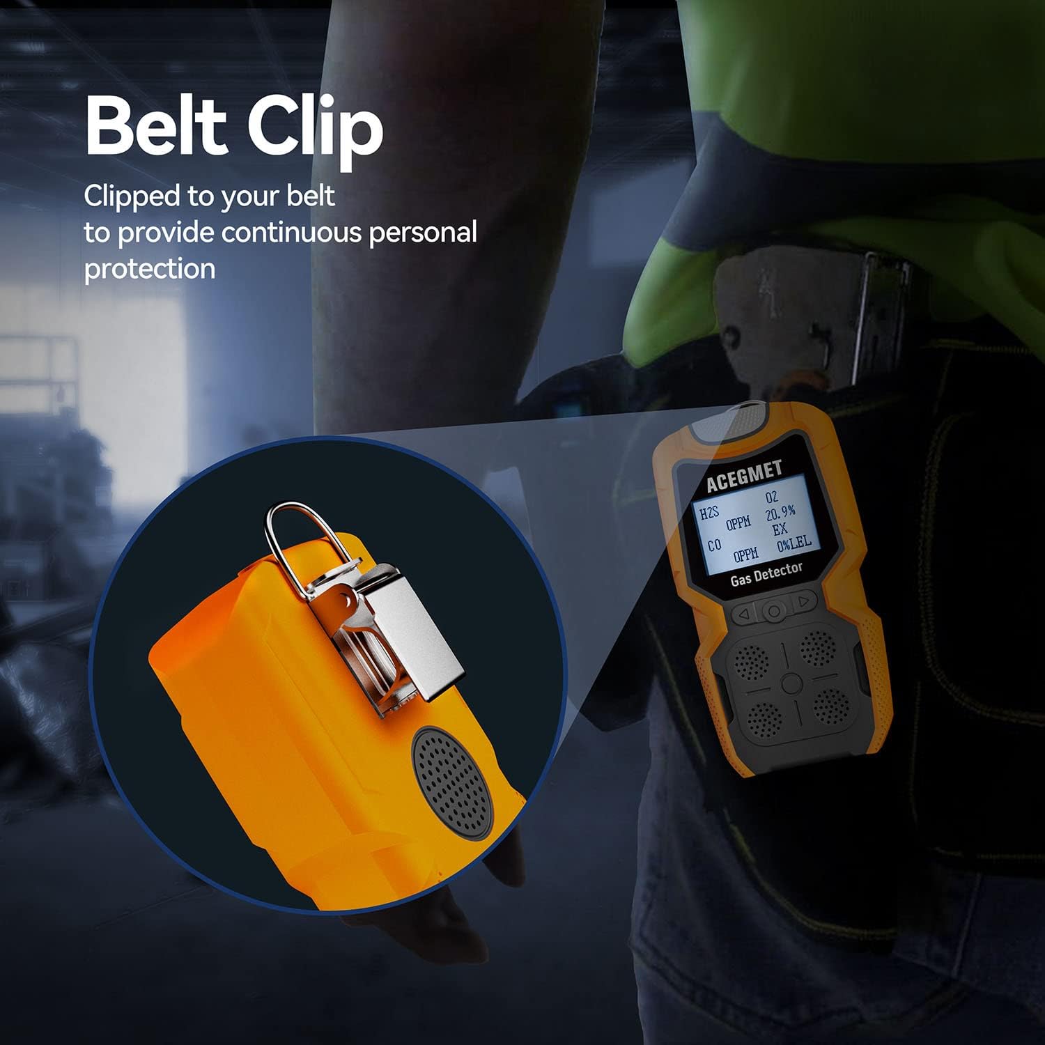 Gas Detector, ACEGMET 4 Gas Monitor Multiple Indicator (Vibration, Audible, Visual) H2S, O2