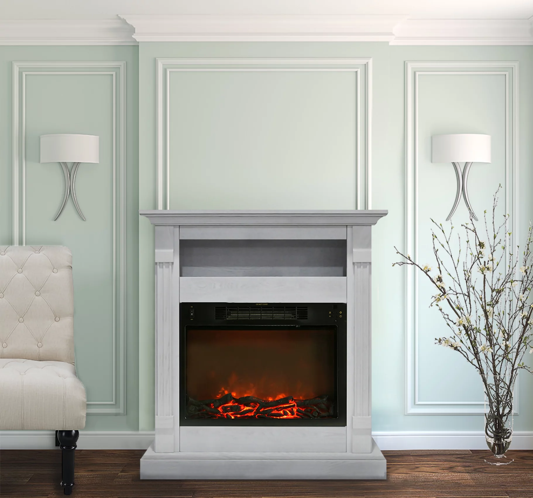 Cambridge Sienna 34" Freestanding White Mantel Electric Fireplace Heater with Realistic Flames & Log Insert | Fireplace Console Heater For Rooms up