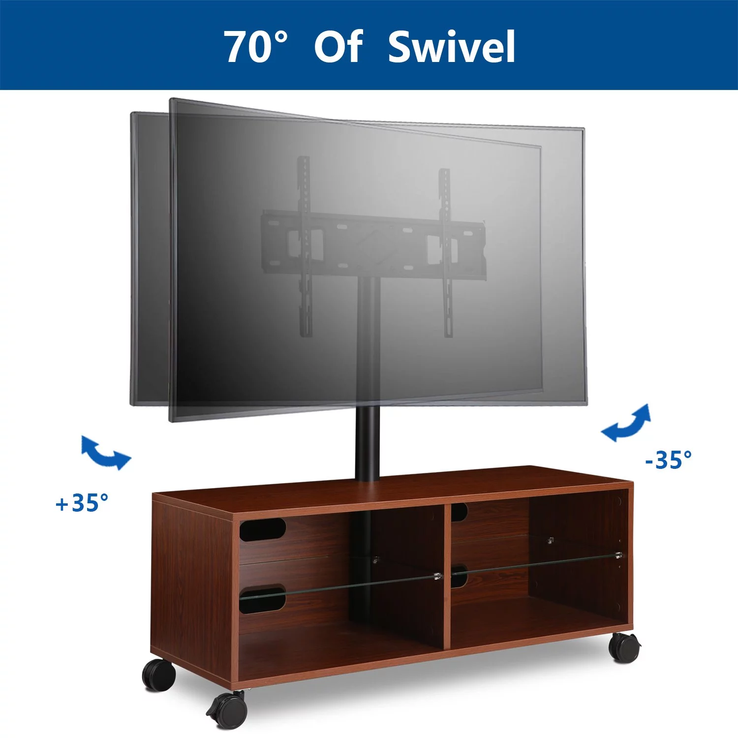 YOMT Wood Storage TV Stand with Mount for TVs up to 65" Rolling Wheels Brown