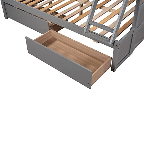 Ball & Cast Twin-Over-Twin Bunk Bed with Twin-Size Trundle and 3 Storage Stairs,Wood Bunkbed w/Full-Length Guardrails,Slat Support