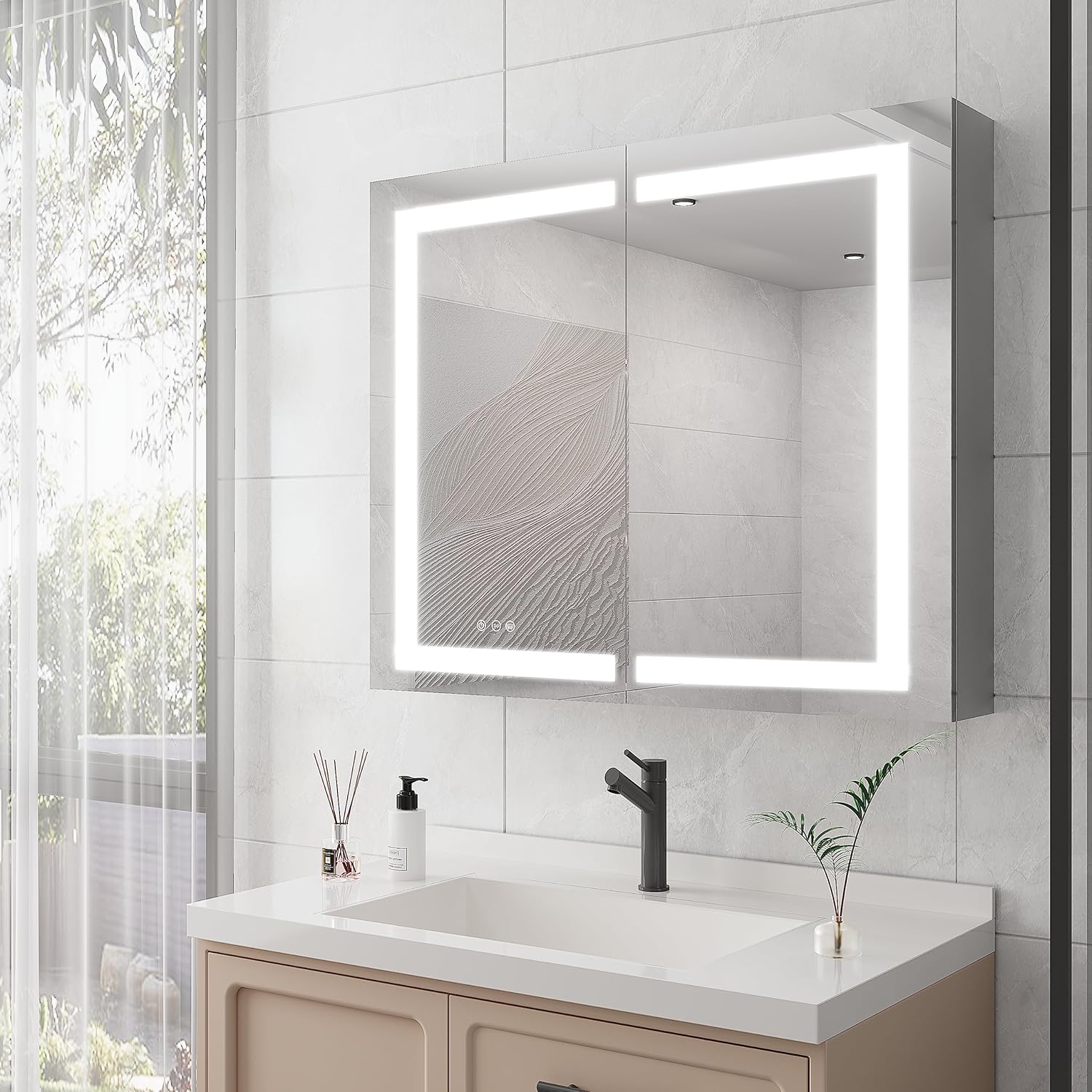 36 x 30 inch Medicine Cabinet with LED Vanity Mirror, Anti-Fog, Recessed or Surface Mount, Waterproof, Dimmable