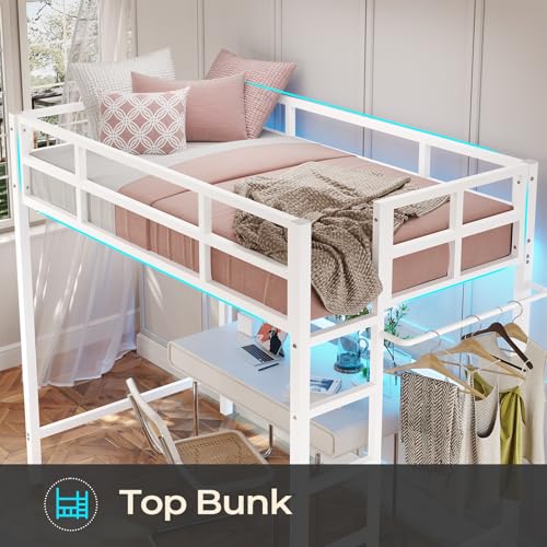 DICTAC Loft Bed Twin Size with Ladder and Guardrail,Metal Twin Loft Bed with Led Lights,Small Space Saving Furniture Design for Bedroom