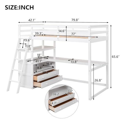 Harper & Bright Designs Twin Size Loft Bed with Wardrobe, Desk and Multiple Storage Shelves, Solid Wood Loft Bed Frame with Bookshelf