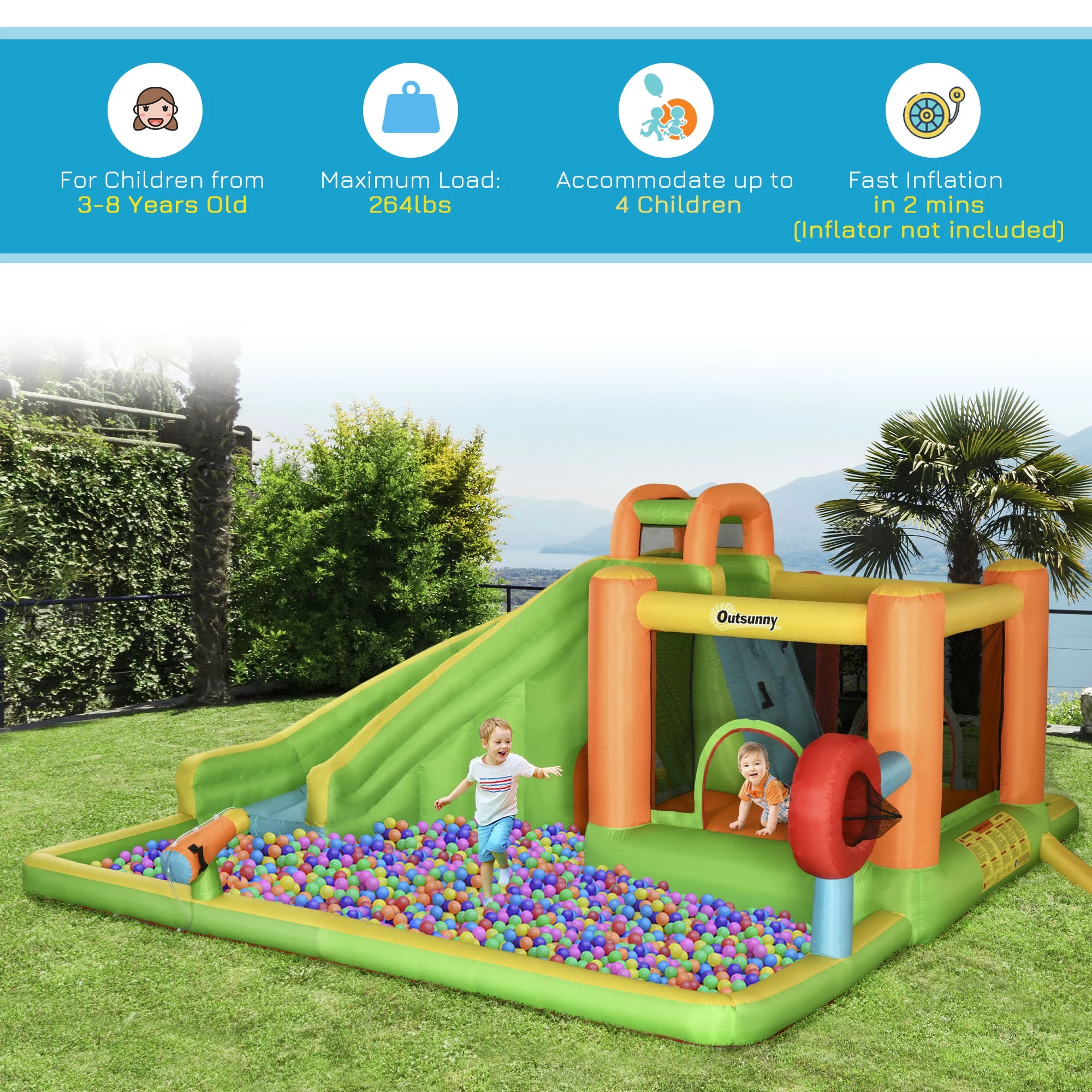 Outsunny 7-in-1 Inflatable Water Slide, Kids Castle Bounce House Includes Slide, trampoline, Pool, Water Cannon, Ball-target, Boxing Post