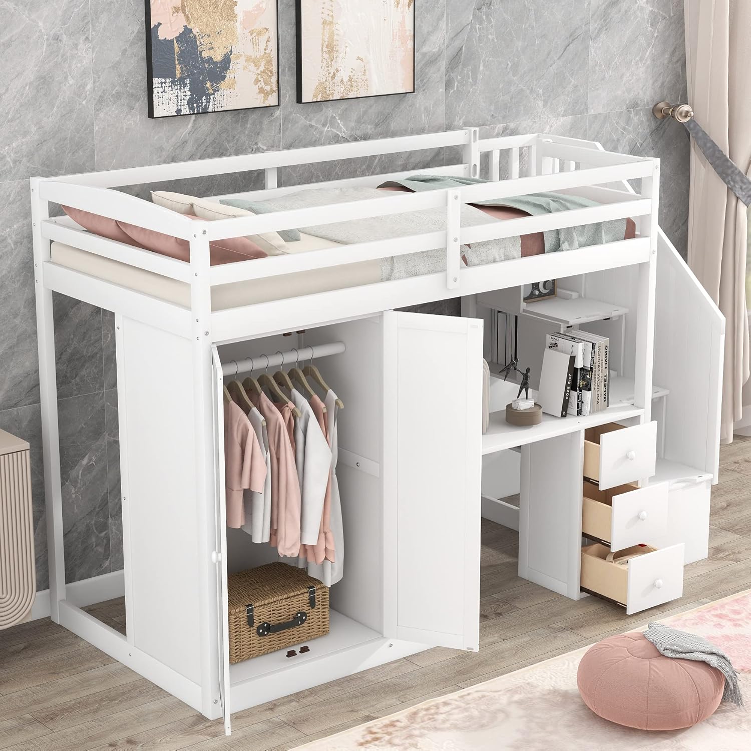 Twin Loft Bed with Stairs and Wardrobe, Wooden Twin Size Loft Bed with Desk Underneath
