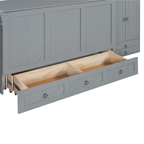 Queen Size Murphy Bed Wall Bed, Solid Pine Murphy Bed Chest Cube Cabinet Bed with USB, Charging Station