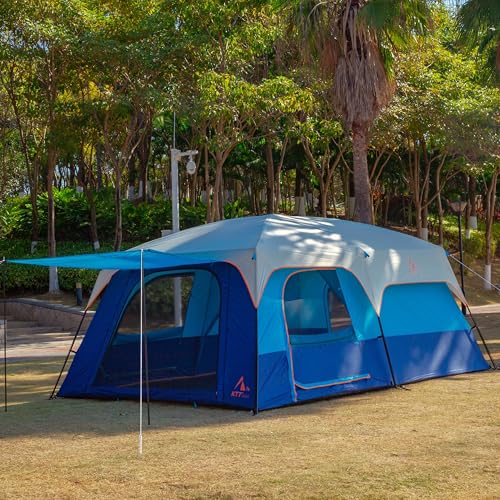 KTT Extra Large Tent 10-12-14 Person(Style-B),Family Cabin Tents,2 Rooms,3 Doors and 3 Windows with Mesh,Straight Wall,Waterproof,Double Layer