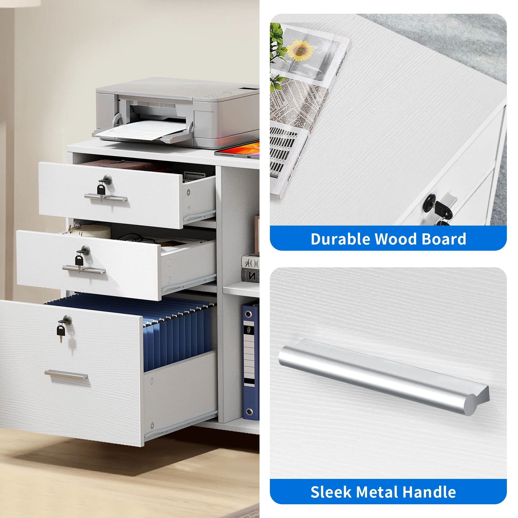 Dextrus 3 Drawer File Cabinet with Charging Station