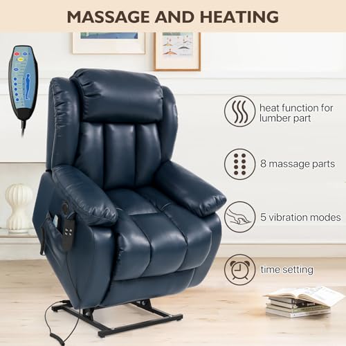 EDILLY Large Genuine Leather Power Lift Recliner Chairs for Elderly, Dual Motor with Massage and Heating,Double Lumbar Cushion and Extended Footrest