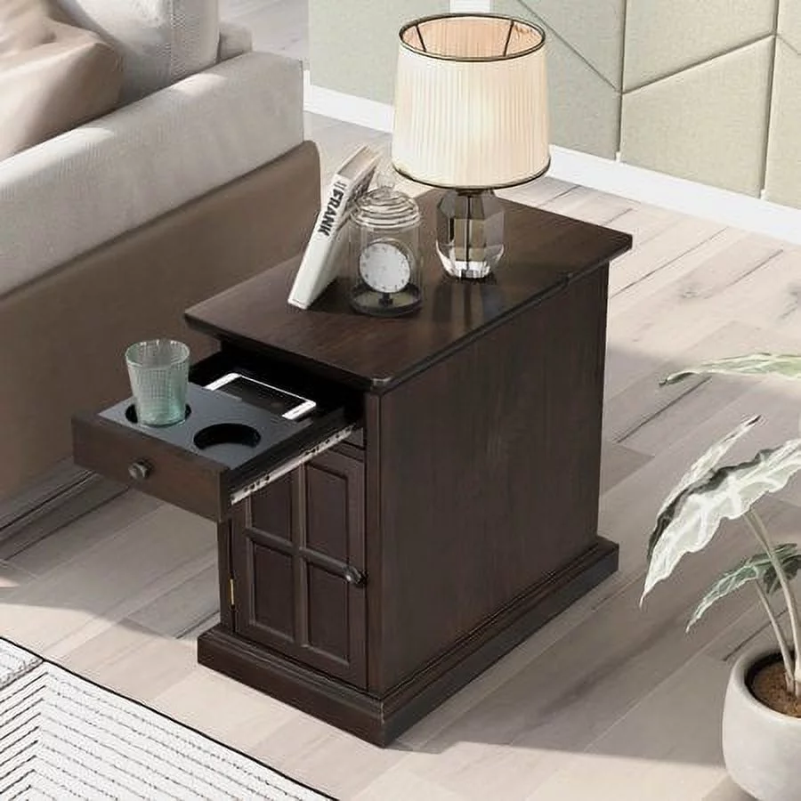 Churanty Vintage End Table with USB Ports Drawer and Cup Holders, Sofa Side Table Bedside Nightstand Narrow Table for Living Room Bedroom