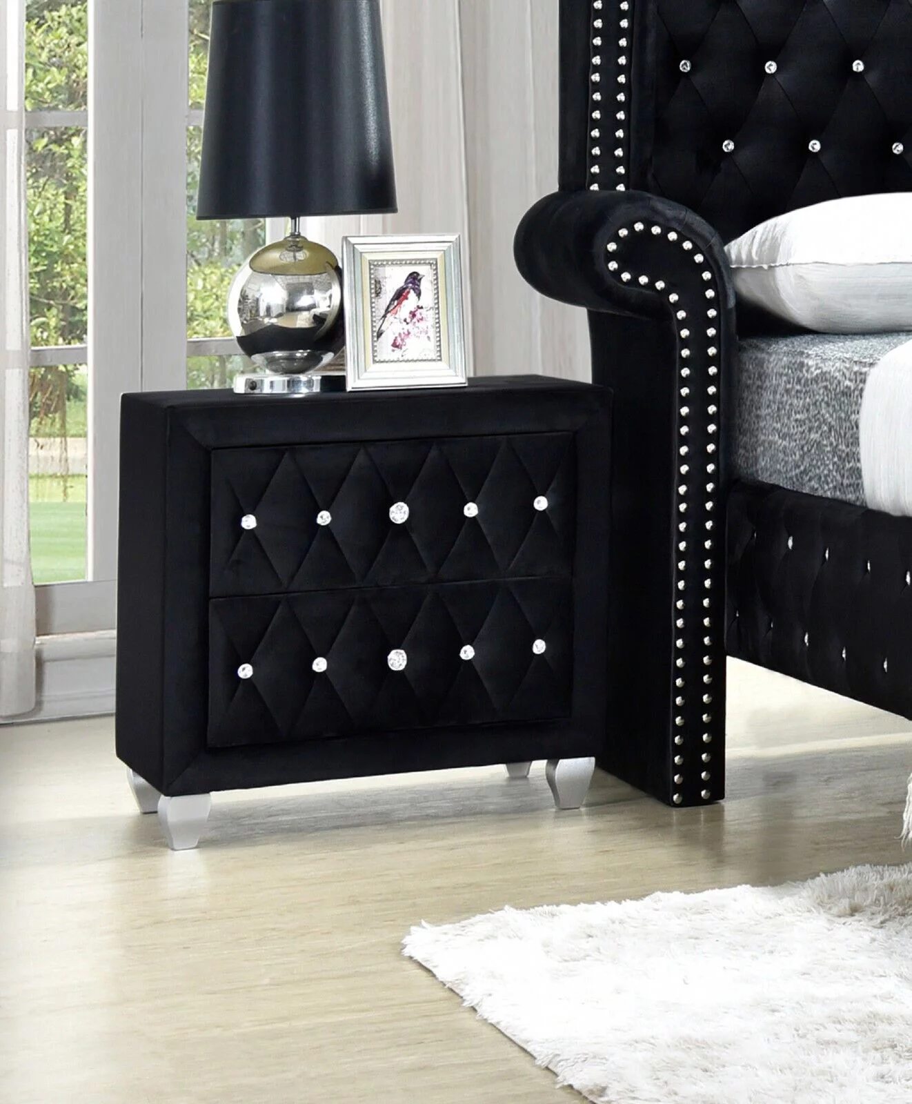Modern 4Pc Queen Size Bed Dresser Mirror Nightstand Set Master Bedroom Furniture Black Velvet
