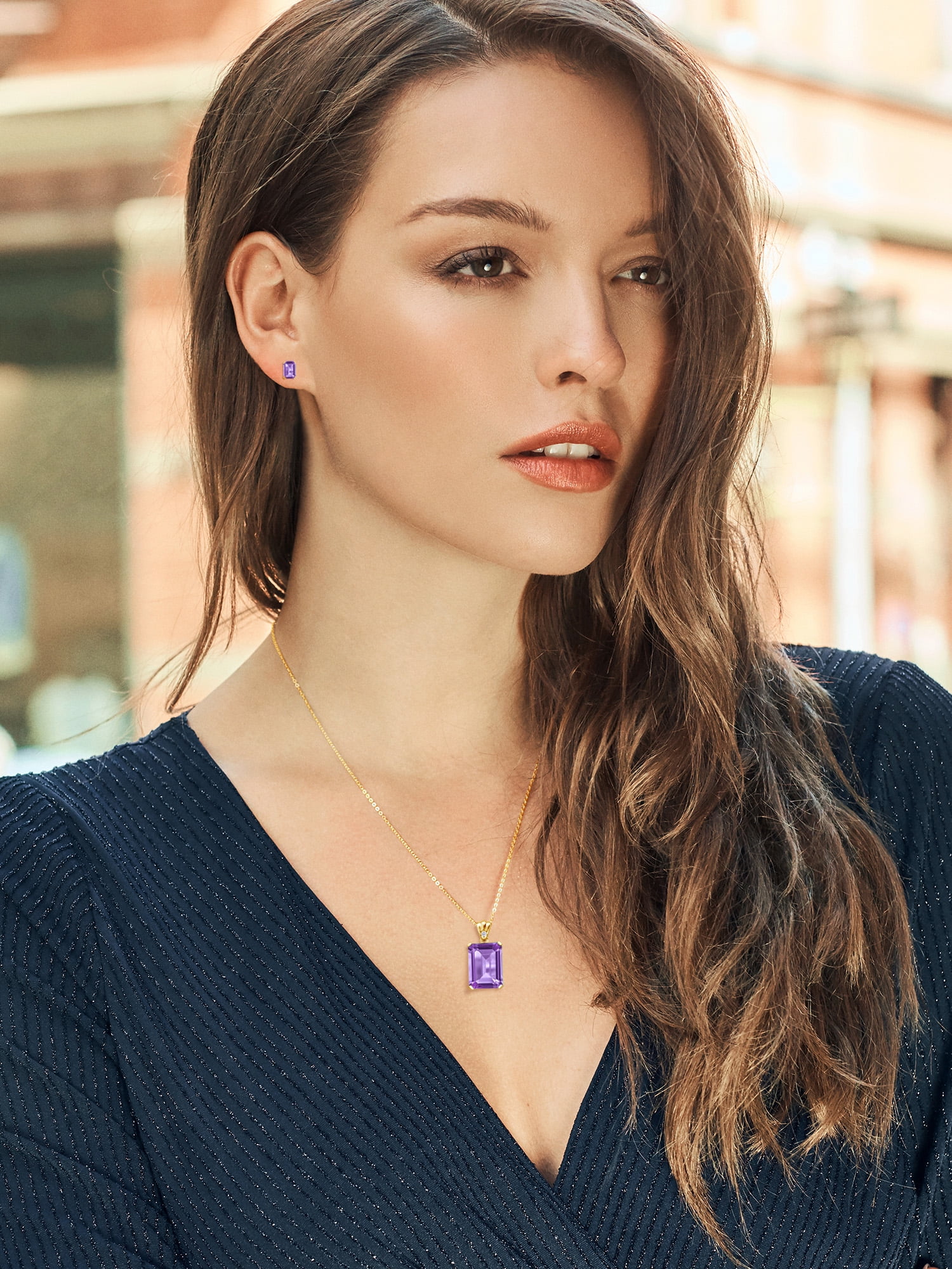 18K Yellow Gold Plated Silver Purple Amethyst and White Topaz Pendant and Earrings Jewelry Set For Women (16.07 Cttw, Gemstone February Birthstone