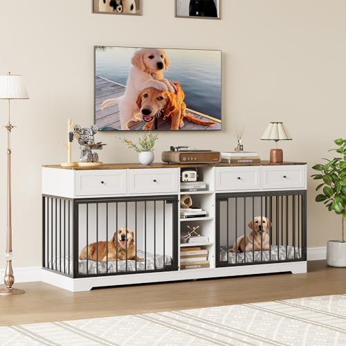 IDEALHOUSE 82” Large Dog Crate for 2 Dogs, Dog Kennel Indoor with 4 Drawers and Shelves, Double Dog Crate Furniture TV Stand