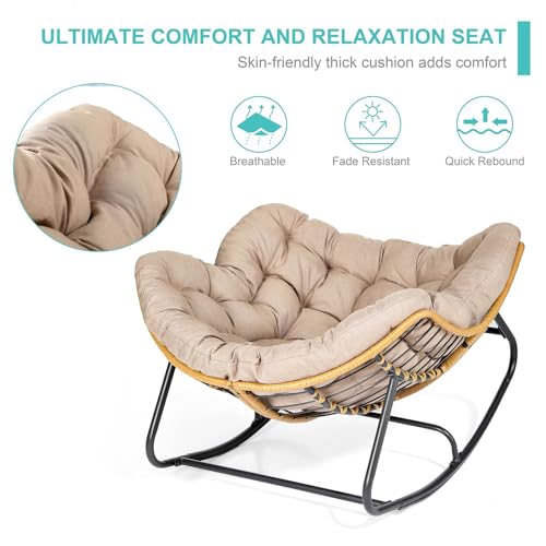 SWITTE Outdoor Rocking Chair, Oversized Patio Papasan Rocker, Comfy Wicker Reading Lounge, Indoor Egg Chair for Bedroom, Living Room, Porch, Garden