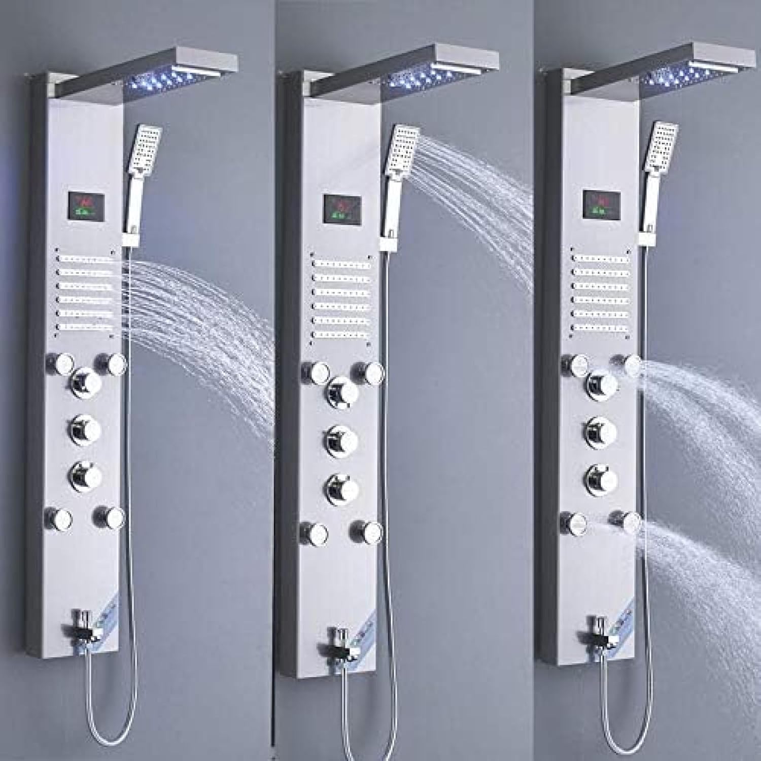 Shower System, Luxury LED Rain Waterfall Shower Panel Column Shower Faucet Set 4 Multi-functional Nozzles Massage SPA Jet Digital Screen