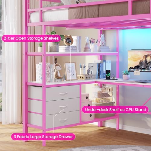 DICTAC Loft Bed Full Size with L-Shaped Desk and Charging Station Full Metal Bed Frame with LED Lights,Open Shelves and 3 Fabric Storage Drawers