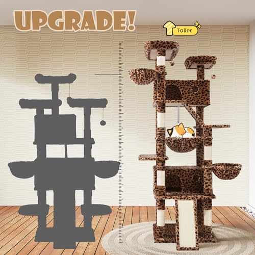SHA CERLIN 81in Multi-Level Tall Cat Tree Tower for Indoor Kitties/Larger Cat Condo Furniture with Hammock/Cozy Pussycat Perches/Sisal Scratching