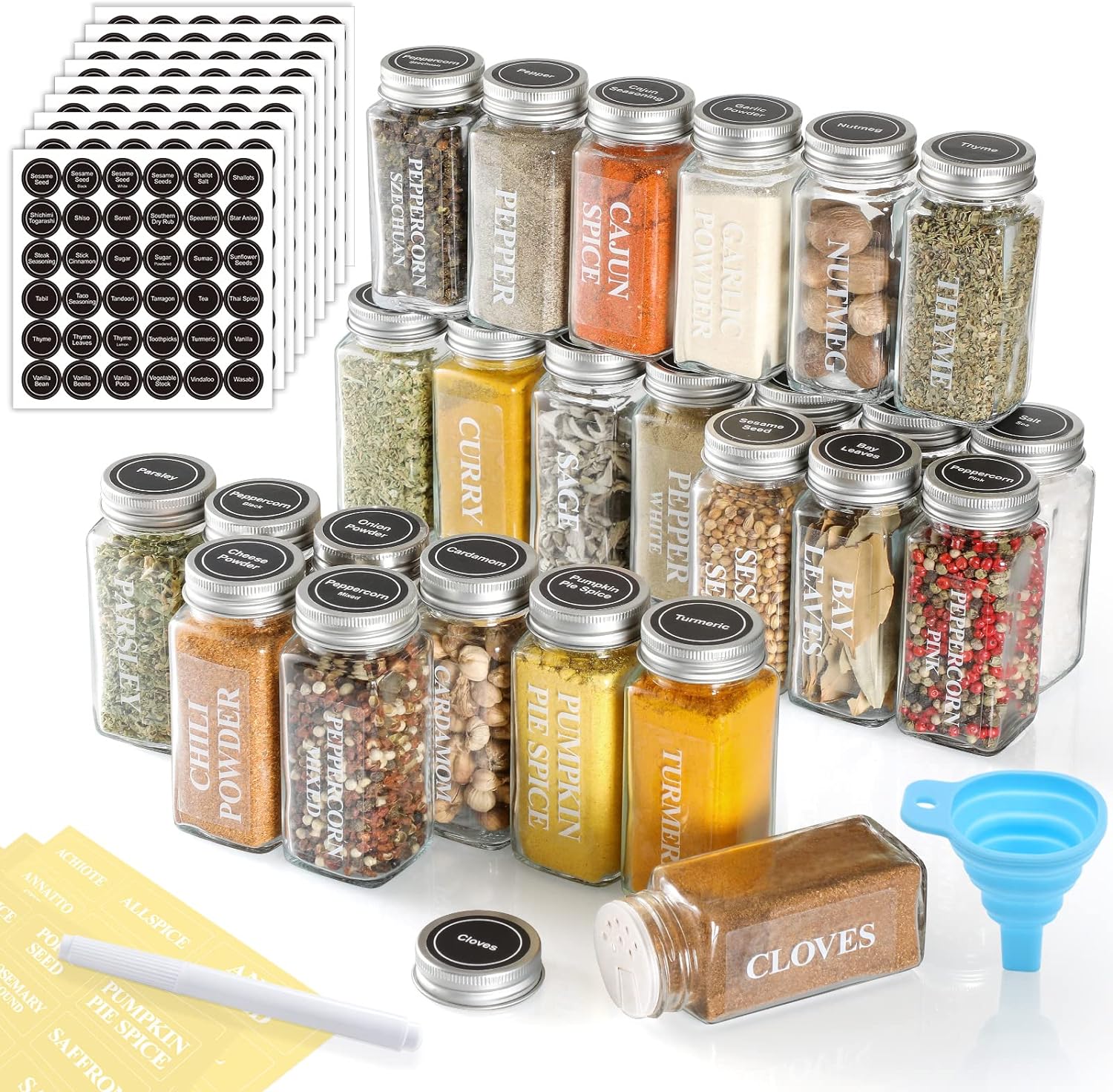 AOZITA 36 Pcs Glass Spice Jars with Spice Labels - 4oz Empty Square Spice Bottles - Shaker Lids and Airtight Metal Caps
