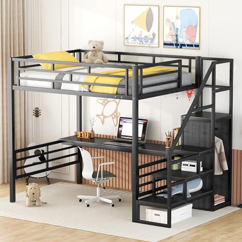 Metal Full Loft Bed with Desk and Wardrobe, Full Size with Storage Stairs and Guard Rail,Bed Frame