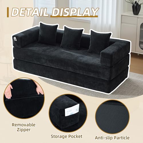 Convertible Sleeper Sofa Bed with Cylindrical Pillow, Corduroy Folding Mattress Couch with Fixed-Shape Frame