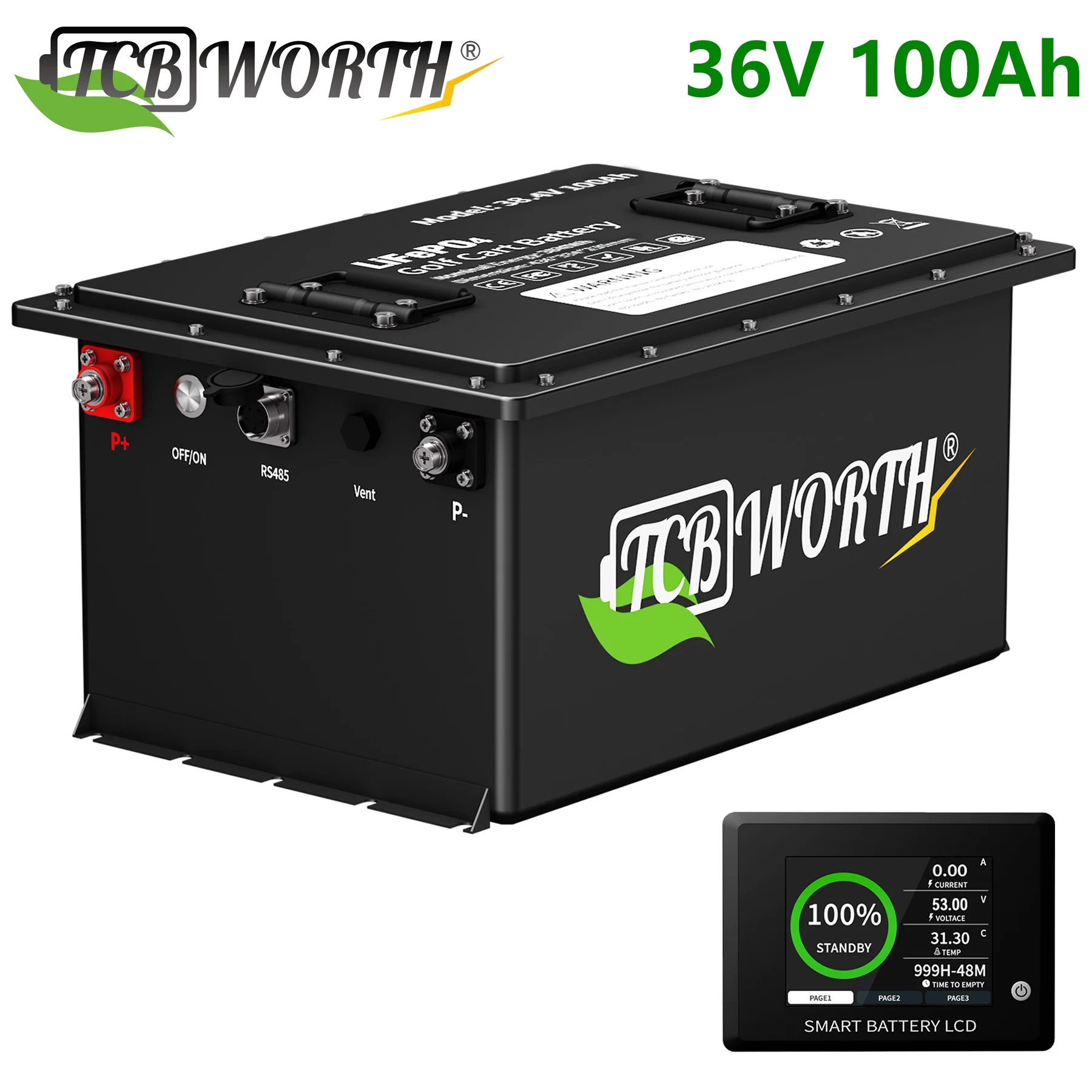 36V 100Ah Golf Cart Battery,200A BMS,15000 Cycles LiFePO4 Battery,with a Battery Monitor - Curated Treasures Market