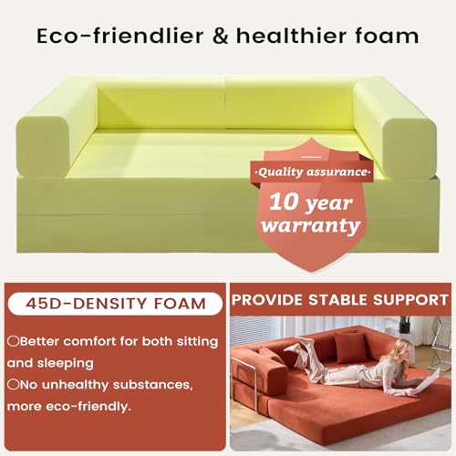 Convertible Sleeper Sofa Bed No Assembly Corduroy Upholstered Green Modular Floor Couch Queen/King Size Foldable Futon with Memory Foam for Apartment