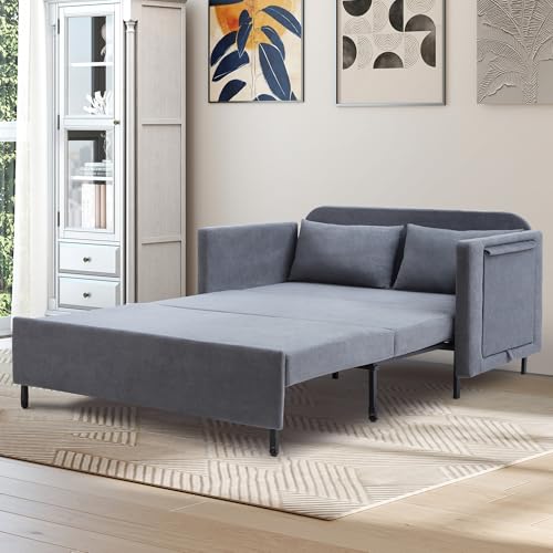 3-in-1 Sleeper Sofa Bed, 51'' Convertible Folding Couch with Pullout Bed, Chenille Futon Sleeper Sofa with Side Table and 2 Pillows
