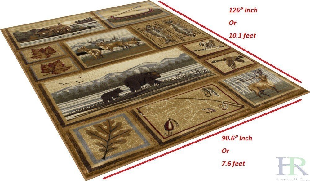 Lodge, Cabin Nature and Animals Area Rug - Modern Geometric Design Cabin Area Rug - Abstract, Multicolor Design- Deer/Fish/Bear/Cabin/Kayak