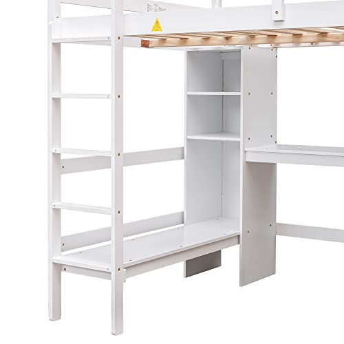 Full Size Loft Bed with Wardrobe and Desk,Wooden Loftbed with Storage Drawers, Shelves,Cabinet for Bedroom,White
