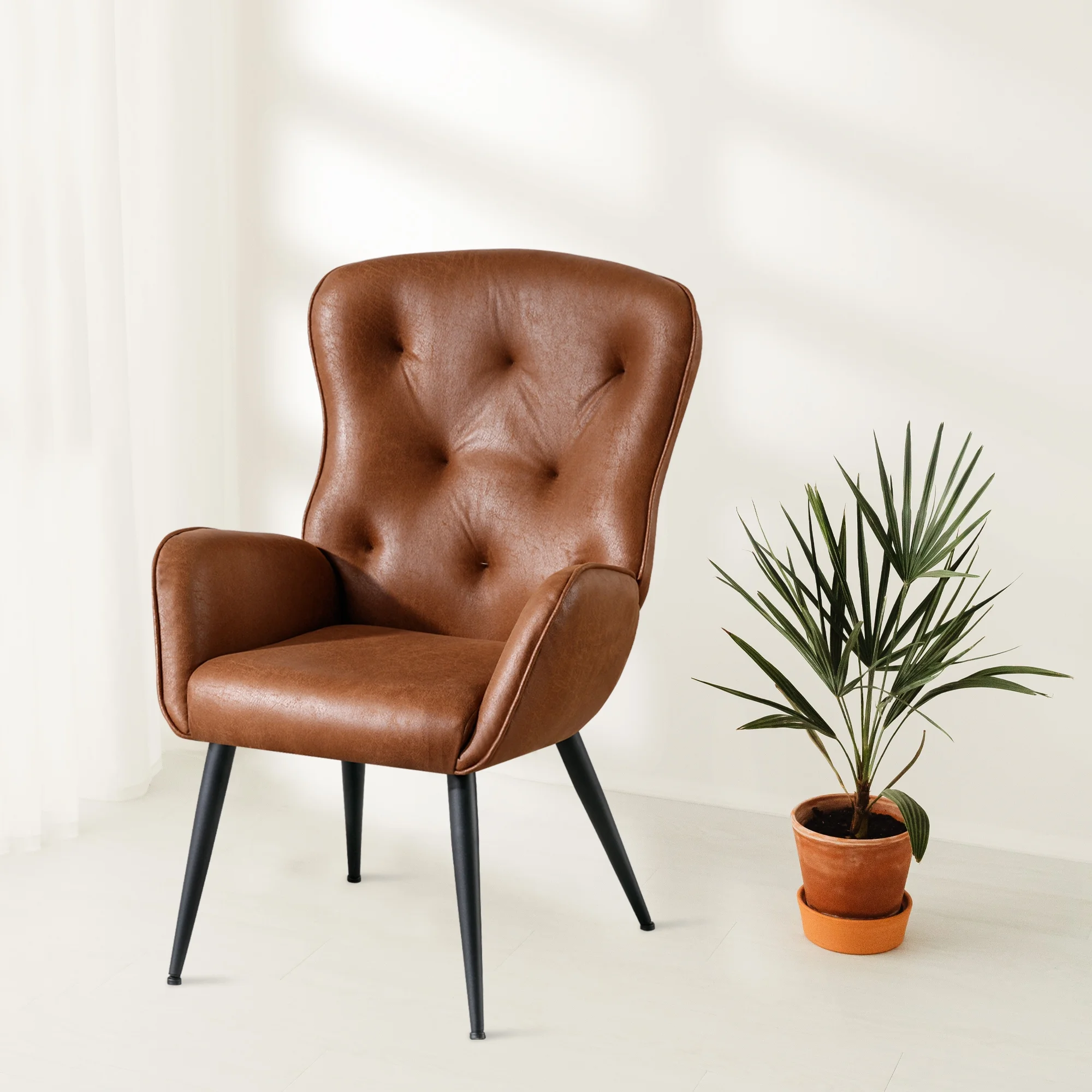 BFZ Faux Leather Accent Chair with High Back Design, Armchair with Metal Legs in Modern Style, Comfy Upholstered Wingback Chair for Living Room