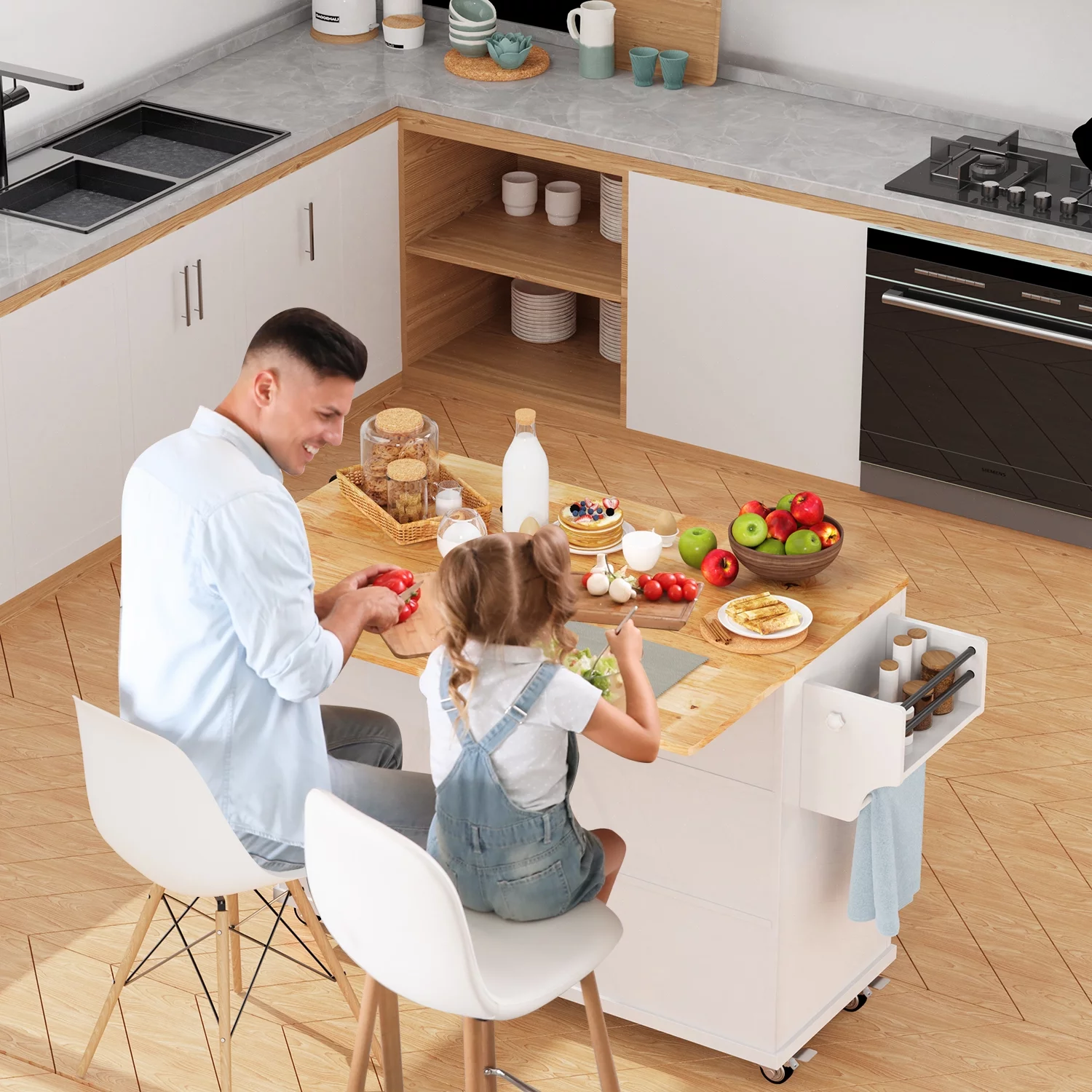 Lofka 42" Kitchen Island with Storage, Kitchen Island on Wheel with Wood Drop Leaf Tabletop,White