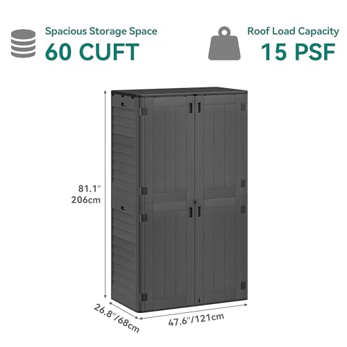 YITAHOME 60 cuft Vertical Outdoor Storage Shed w/o Shelf, Large Waterproof Storage Cabinet for Garden Shed, Tall Outdoor Storage Shed for Garage