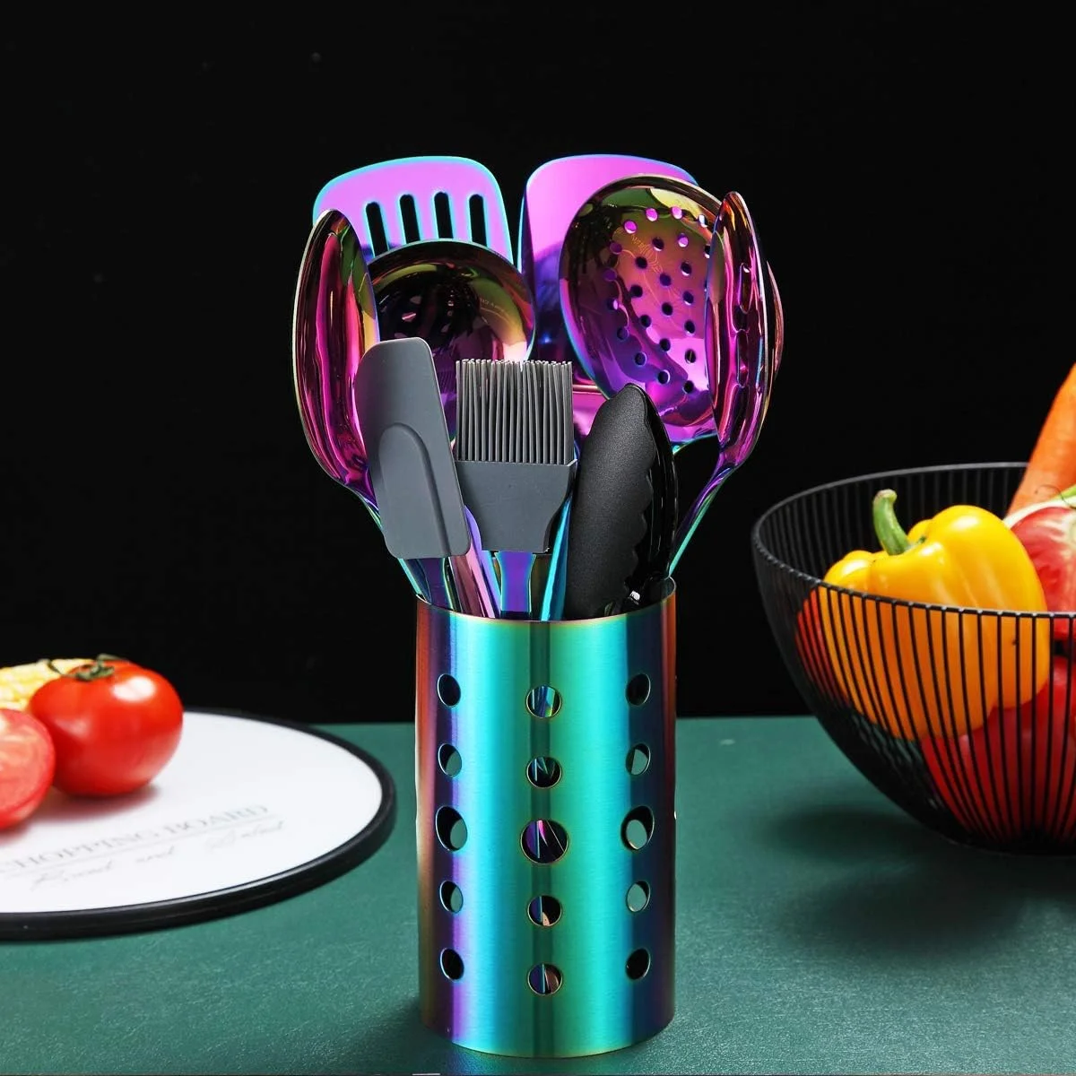 Rainbow Kitchen Utensil Set, 13-Piece Stainless Steel Cookware Set, Titanium Rainbow Plating, Kitchen Tool Set with Cutlery Holder