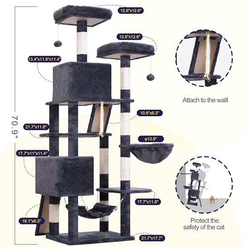 Cat Tree for Indoor Cats, 71'' (180cm) Multi-Level Cat Tower for Large Adult, Sturdy Cat Tree House with 2 Scratching Boards 7 Posts