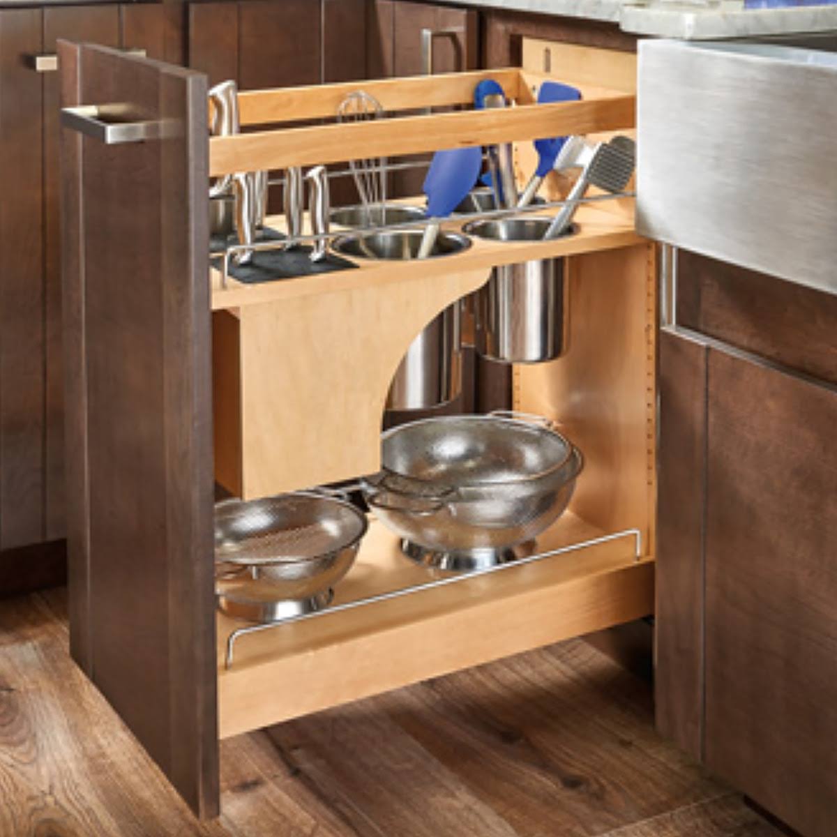 Rev-A-Shelf 2 Tier Base Cabinet Pullout Utensil Organizer with Soft Close, Chrome / Maple, Steel