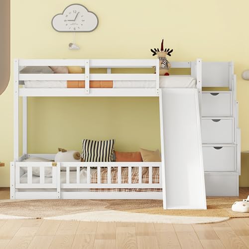 Bunk Beds Twin Over Full Size, Pine Solid Wooden Bunk Bed with Slide, Storage Staircase, Safety Guardrails for Kids, White