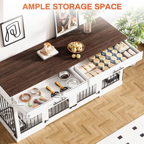 Rophefx 72" Dog Crate Furniture for 2 Dogs, Large Double Dog Kennel Indoor Furniture with 2 Storage Drawers and Removable Divider