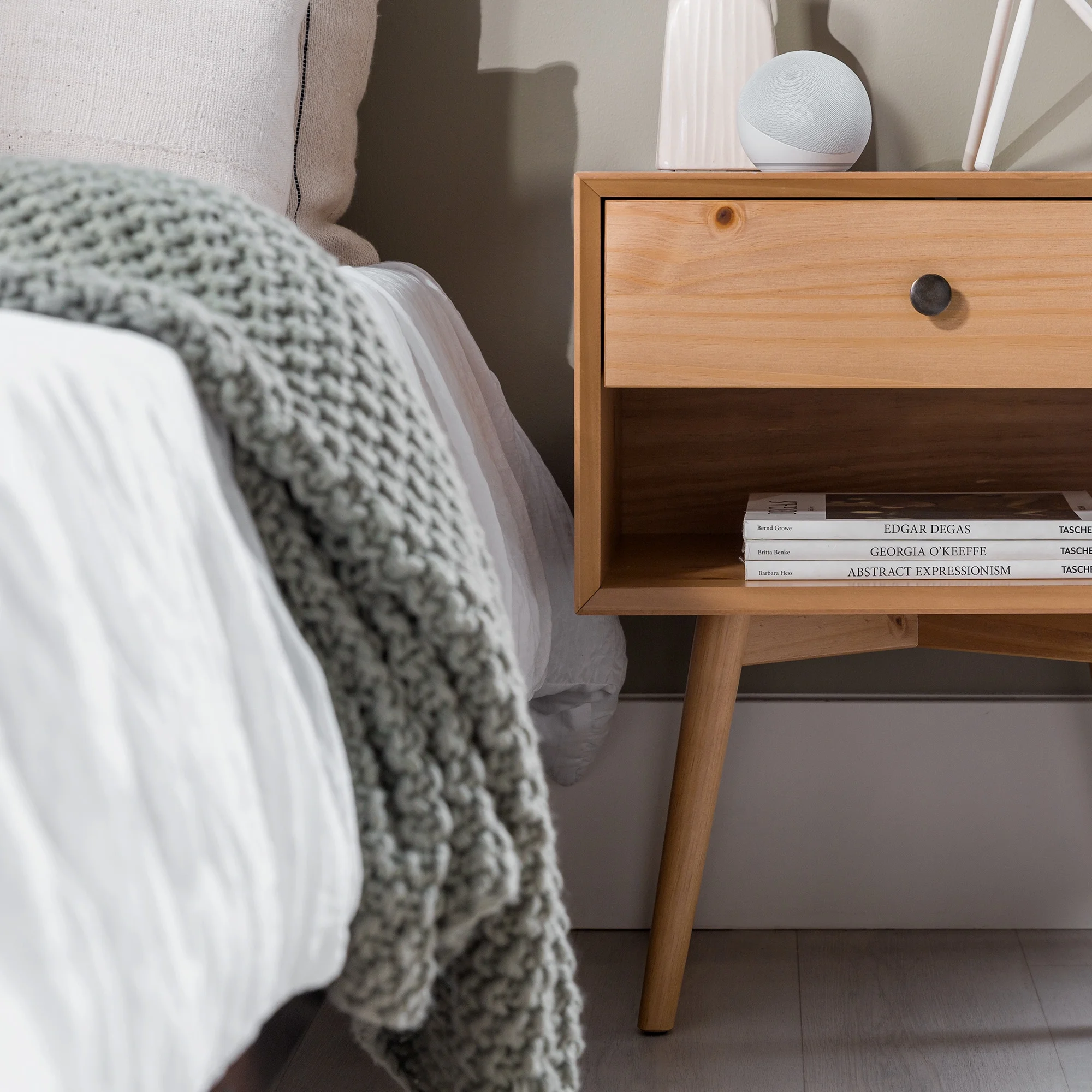 Walker Edison Mid Century Modern 1-Drawer Nightstand, Natural Pine