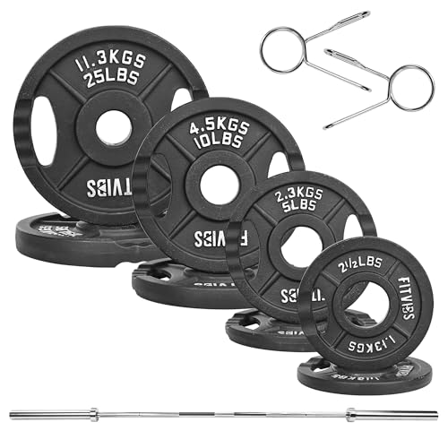 Olympic Cast Iron 2-Inch Weight Plates Including 5FT Olympic Barbell Bar & Safely Locks, 100 Pounds Set (85 lbs Plates + 15 lbs Barbell Bar)
