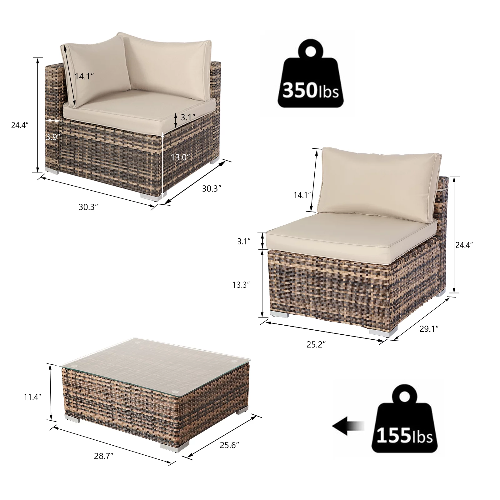 Magic Union Outdoor  7 Pieces Patio Furniture Set, PE Rattan Wicker Furniture with Table and Cushions, Beige