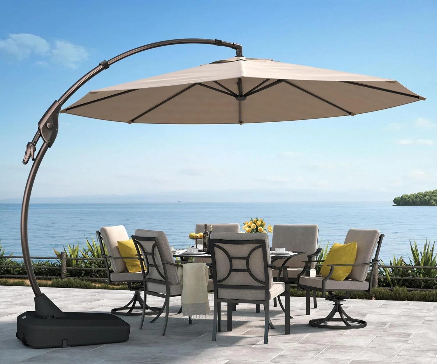 Grand Patio 11-Ft Outdoor Patio Umbrella with Base, Curved Offset Cantilever Umbrella Large w/360° Rotation Shade for Patio Pool Deck, Champagne