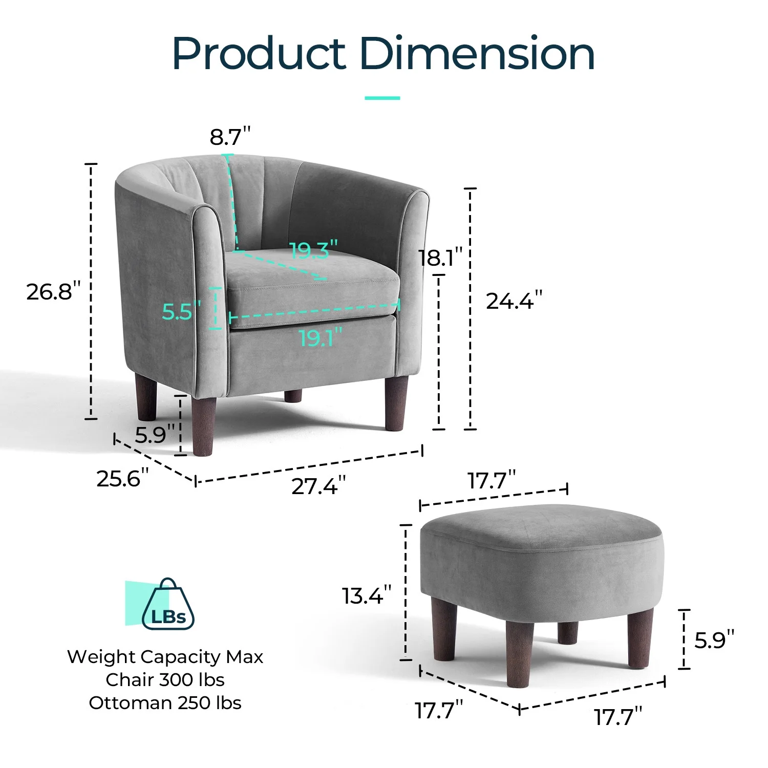 LINSY HOME Velvet Accent Chair with Ottoman for Living Room, Light Grey - Radiant Selections