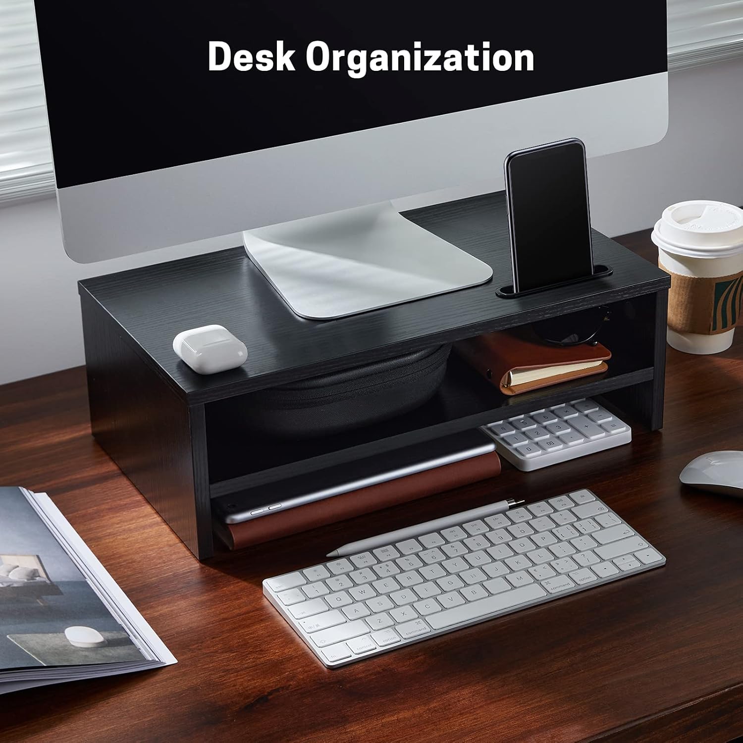 LORYERGO Monitor Stand, 2 Tier Computer Stand, Monitor Stand Riser with Cellphone Holder & Storage Space
