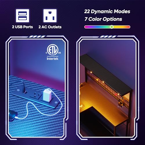 Bestier 42 L Gaming Desk,Computer Desk with Power Outlets, LED Lights, Reversible Corner Desk with 4-Tier Shelves,Cup Holder & Hook Carbon Fiber Black