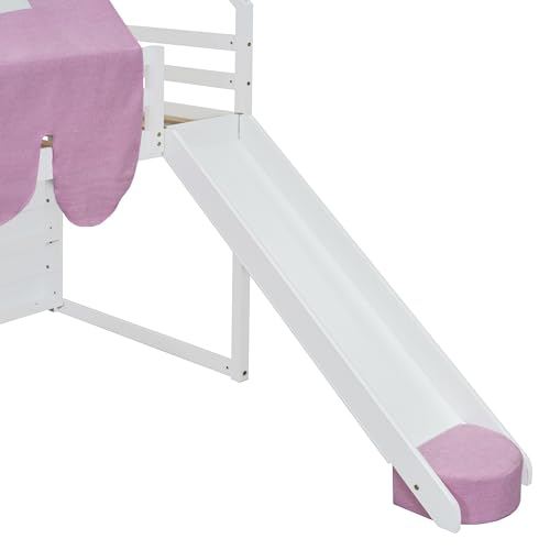 Harper & Bright Designs Kids Twin Low Loft Bed with Slide and Storage Shelves, Wood Playhouse Loft Bed Frame with a Tent & Stairs