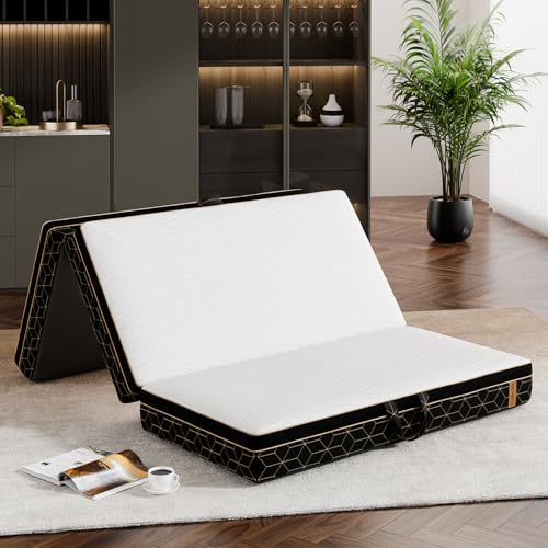 Tri-Fold Memory Foam Mattress Queen - 6 Inch Portable Folding Mattress with Handle & Washable Cover, Floor Bed with Non-Slip Base