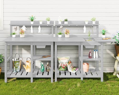 SERWALL Potting Bench Outdoor Potting Table with Sink, HDPE Potting Benches for Outside Gardening Table All Weather Use- Black
